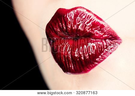 Red Lips. Cosmetics Concept. Erotic Fuck. Shine On The Lips. Icon For Fashion Goods. Fashionable Jam