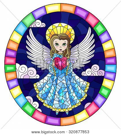 Illustration In Stained Glass Style With Cartoon  Angel In Bblue Dress With Heart In Hands Against T