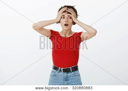 Wait What. Shocked Stunned Intense Gasping Woman Grab Head Look Aside Drop Jaw Astonished Processing