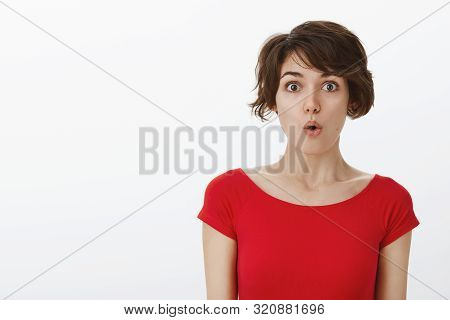 Wow Something Curious New. Impressed Surprised Tender Silly Woman Short Haircut Folding Lips Say Wow