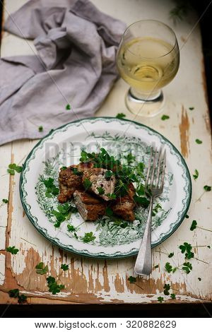 Veal Saltimbocca With Sorrel..selective Focus.т Style Rustic