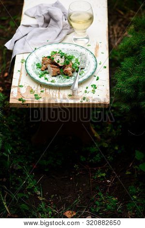 Veal Saltimbocca With Sorrel..selective Focus. Style Rustic