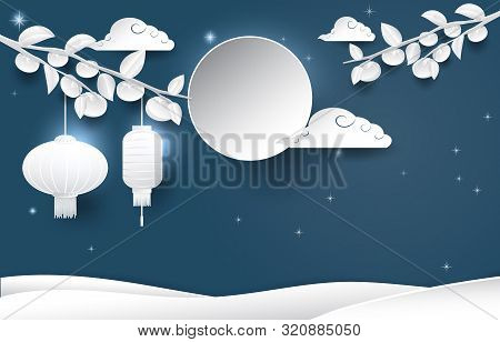 Persimmon Tree With Lantern And Full Moon, Mid Autumn, Moon Festival, Chuseok Festival Korean Thanks
