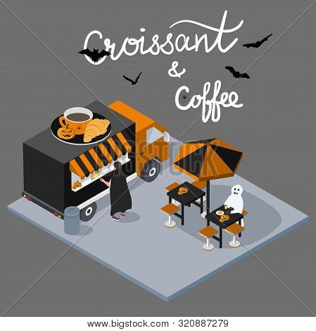 Isometric Halloween Concept Coffee And Croissant Cafe With Script Lettering. Coffee Break Food Truck