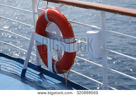 Red Lifebuoy In The Passeger Cruise Ship Liner