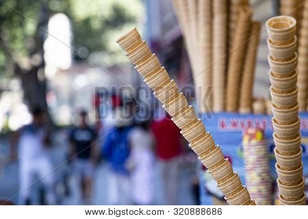 Empty Crispy Ice Cream Cones On The Street Shop. Turkish Ice Cream Dondurma.