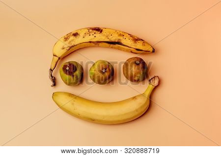 Ugly Fruit Modification Of Bananas From Ripe To More Spoiled Brown With Spots And Decayed Limes Isol