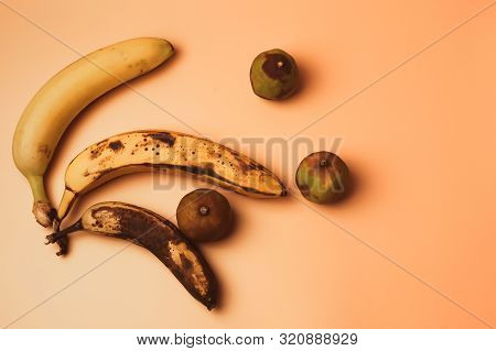 Ugly Fruit Modification Of Bananas From Ripe To More Spoiled Brown With Spots And Decayed Limes Isol