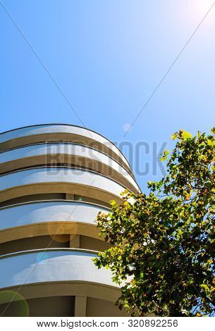 Sochi, Russia - July 20, 2019: Volna Residential Complex: Part Of The Facade Of The Building With Sm