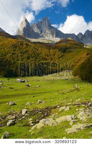 Peaks in Lescun Cirque. On the left Petite Aiguille Ansabere and to the right Grand Aiguille Ansabere. Aspe Valley, Pyrenees, France.