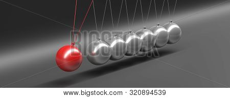 Balancing Balls, Newtons Cradle Against Black Background, Banner. 3D Illustration