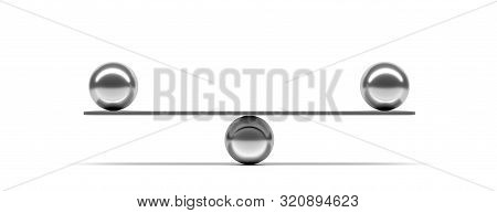 Silver Balls Balanced On A Scale Beam, White Background, Banner. 3D Illustration