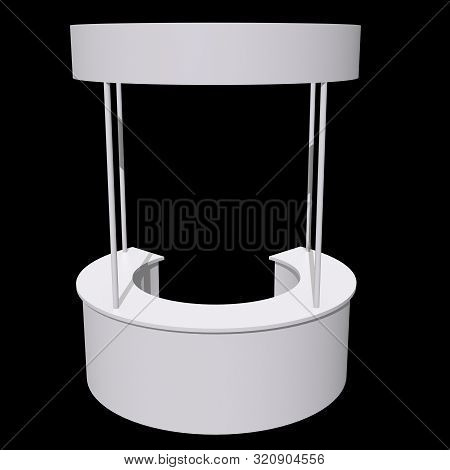 Stall Or Kiosk Modern Reception Desk. Trade Show Booth White And Blank. 3d Render Illustration On Bl
