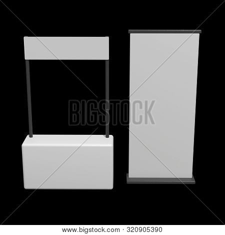 Stall Or Kiosk Modern Promostand Reception Desk With Roll Up. Trade Show Booth White And Blank. 3d R