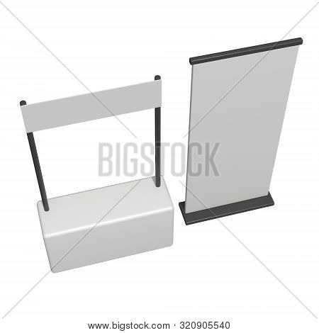 Stall Or Kiosk Modern Promostand Reception Desk With Roll Up. Trade Show Booth White And Blank. 3d R