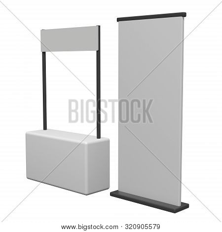 Stall Or Kiosk Modern Promostand Reception Desk With Roll Up. Trade Show Booth White And Blank. 3d R