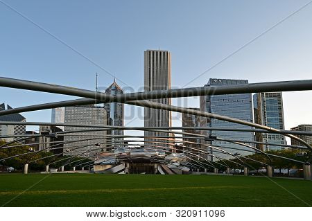 Chicago, Illinois 08-09-19 Jay Pritzker Pavillion By Architect Frank Gehry In Early Morning Summer L