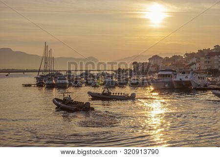 Port On Ciovo Island, Mediterranean Sea, Croatia. Sunrise Time. Summer Vacation.