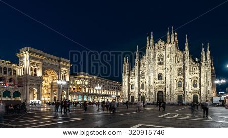 Milan Cathedral Or Duomo Di Milano At Night, Italy. This Place Is A Top Landmark Of The Milan. Panor