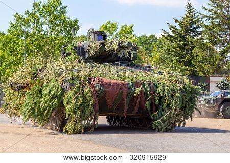 German Army Infantry Fighting Vehicle  Drives On Tactical Exercise At Military Training Area