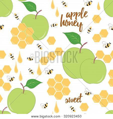 Hand Drawn Background With Honeycomb, Honey Drop, Apple And Bee.