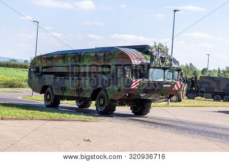 Minden / Germany - September 4, 2019: German Tank Pioneer Battalion Trained A Tank Crossing Over A R