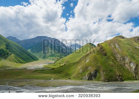 Truso Valley And Gorge Area Landscape On Trekking / Hiking Route, In Kazbegi, Georgia. Truso Valley 
