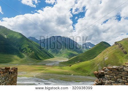 Truso Valley And Gorge  Landscape With Zakagori Fortress On Trekking / Hiking Route, In Kazbegi, Geo
