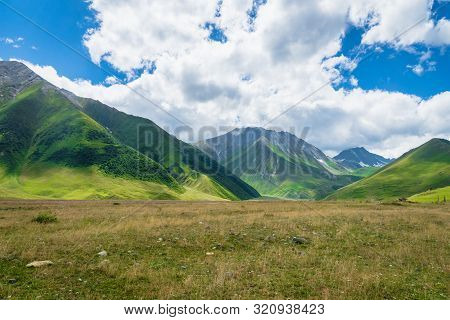 Truso Valley And Gorge Area Landscape On Trekking / Hiking Route, In Kazbegi, Georgia. Truso Valley 