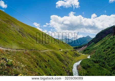 Truso Valley And Gorge Area Landscape On Trekking / Hiking Route, In Kazbegi, Georgia. Truso Valley 