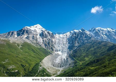 Svaneti Landscape With Glacier And Snow-capped Mountain In The Back Near Mestia Village In Svaneti R