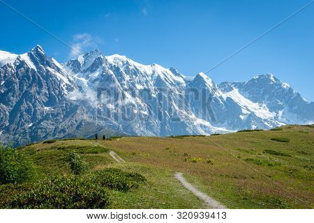 Svaneti Landscape With Glacier And Snow-capped Mountain In The Back Near Mestia Village In Svaneti R