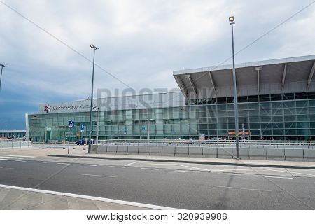 Warsaw, Poland - July 2019: Warsaw Chopin Airport Architecture. Warsaw Chopin Airport Is The Largest