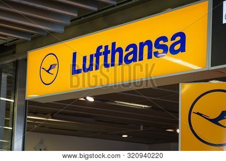 Frankfurt, Germany - July 2019: Lufthansa Airline Check-in Counter In Frankfurt International Airpor