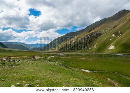 Truso Valley And Gorge Area Landscape On Trekking / Hiking Route, In Kazbegi, Georgia. Truso Valley 