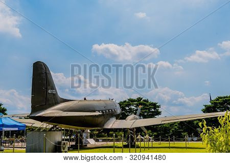 Cheonan, South Korea; August 8, 2019: Rear View Of Decommissioned Douglas C-47 Skytrain On Display A