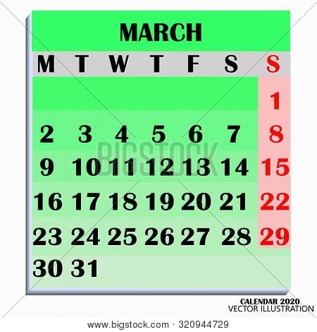 Calendar Design Month March 2020. Year 2020 Calendar. Simple Design For Calendar 2020. Calendar For 