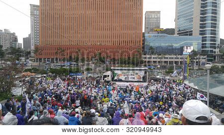 Seoul, South Korea; September 7, 2019: Large Crowd Of People At Seoul Station Plaza For Protest Demo