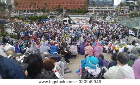Seoul, South Korea; September 7, 2019: Large Crowd Of People At Seoul Station Plaza For Protest Demo