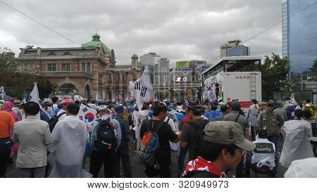 Seoul, South Korea; September 7, 2019: Large Crowd Of People At Seoul Station Plaza For Protest Demo