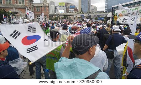 Seoul, South Korea; September 7, 2019: Large Crowd Of People At Seoul Station Plaza For Protest Demo