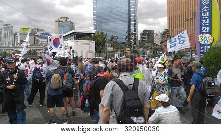 Seoul, South Korea; September 7, 2019: Large Crowd Of People At Seoul Station Plaza For Protest Demo