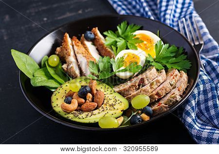 Ketogenic Diet. Buddha Bowl Dish With Meatloaf, Chicken Meat, Avocado, Berries And Nuts. Detox And H
