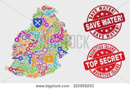 Security Mauritius Island Map And Seal Stamps. Red Rounded Top Secret And Save Water Exclamation Dis