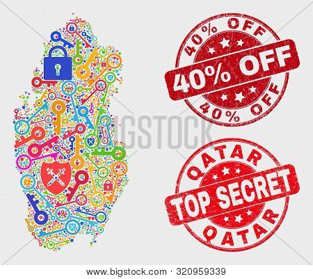 Key Qatar Map And Seal Stamps. Red Round Top Secret And 40 Percent Off Distress Seal Stamps. Colored