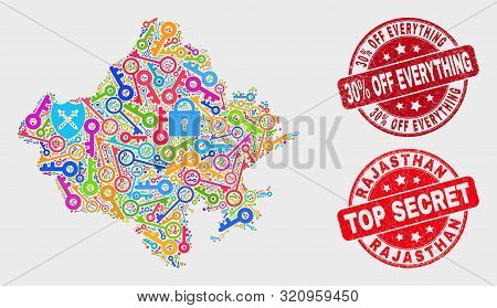 Key Rajasthan State Map And Seal Stamps. Red Rounded Top Secret And 30 Percent Off Everything Scratc