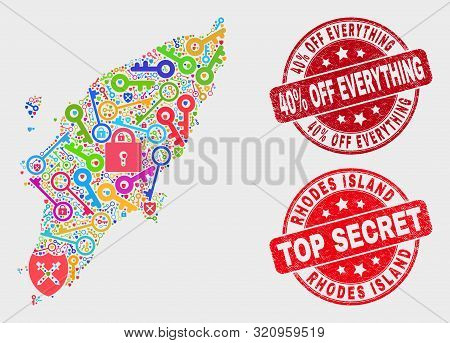 Security Rhodes Island Map And Watermarks. Red Rounded Top Secret And 40 Percent Off Everything Text