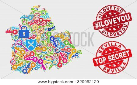 Shield Sevilla Province Map And Seal Stamps. Red Rounded Top Secret And Hashtag Iloveyou Textured St