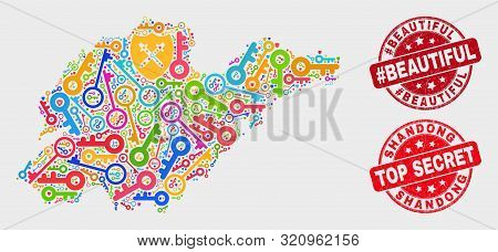 Passkey Shandong Province Map And Stamps. Red Round Top Secret And Hashtag Beautiful Distress Stamps