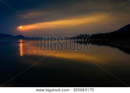Sunrise Over Mahanadi River, Odisha, Eastern Ghat Mountain Range, Copy Space